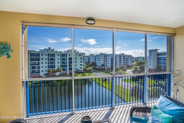 interior space featuring a water view