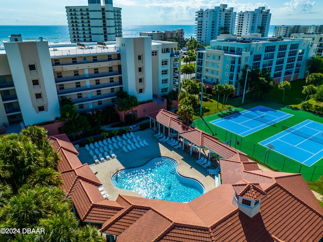 bird's eye view with a water view