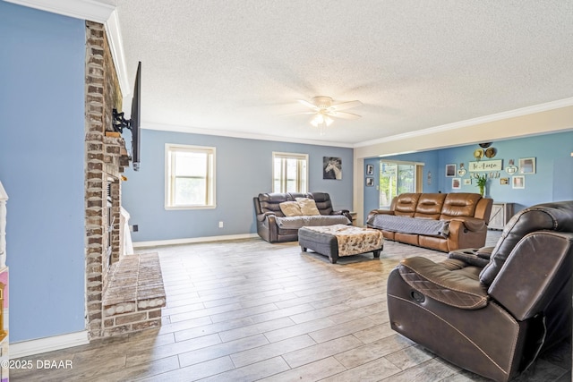 3618 Dame St, Port Orange, FL 32129 - living area featuring ornamental molding, ceiling fan, a textured ceiling, and wood finished floors