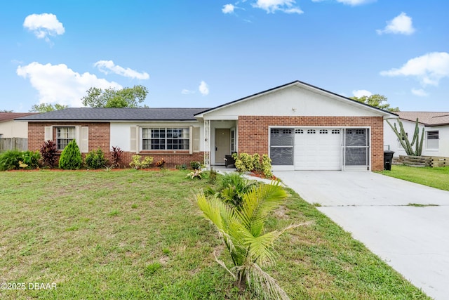3618 Dame St, Port Orange, FL 32129 - ranch-style house with concrete driveway, brick siding, an attached garage, and a front lawn