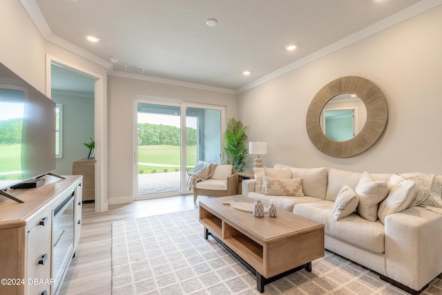 living room featuring crown molding and light hardwood / wood-style floors