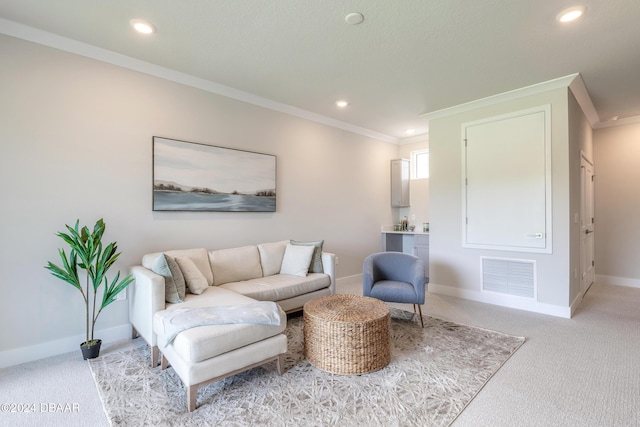 carpeted living room with crown molding