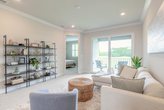 living room featuring light carpet and crown molding