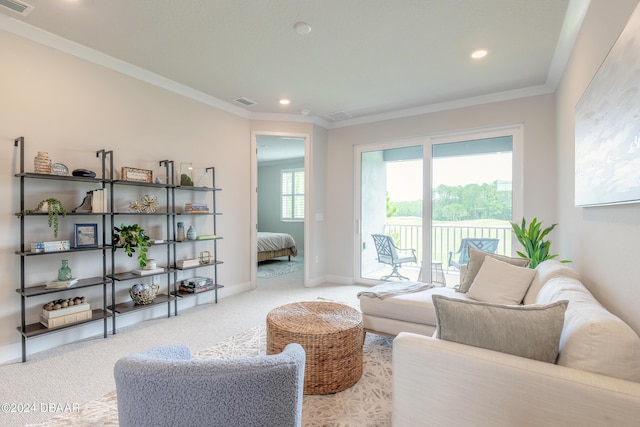 3066 Isles Way, New Smyrna Beach, FL 32168 - living room with carpet floors, recessed lighting, and ornamental molding
