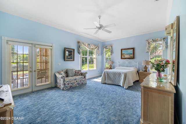 bedroom featuring ceiling fan, multiple windows, crown molding, and access to outside