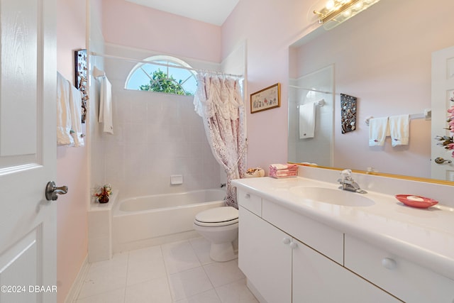 full bathroom with toilet, vanity, shower / bath combination with curtain, and tile patterned flooring