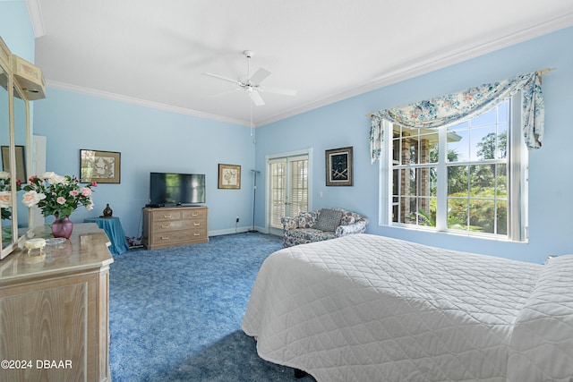 bedroom with carpet, ceiling fan, and crown molding