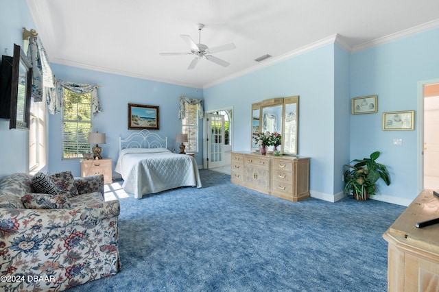 bedroom with ceiling fan, dark colored carpet, and crown molding