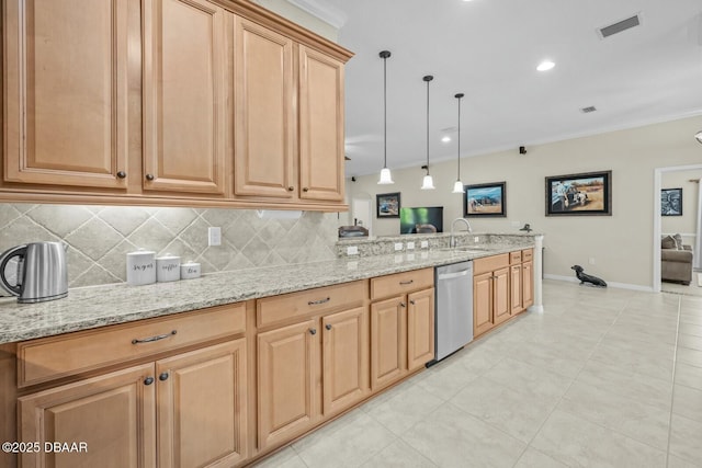 kitchen featuring dishwasher, ornamental molding, backsplash, and visible vents