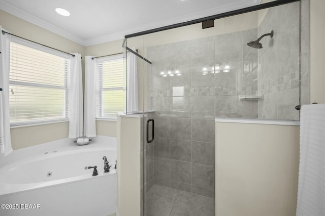 full bath featuring crown molding, a shower stall, and a bath