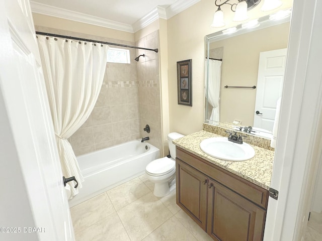 full bathroom with shower / bath combination with curtain, ornamental molding, vanity, and toilet