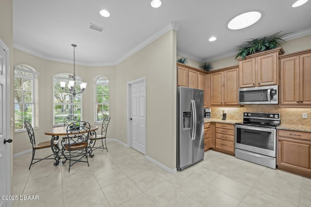 kitchen featuring appliances with stainless steel finishes, backsplash, visible vents, and crown molding