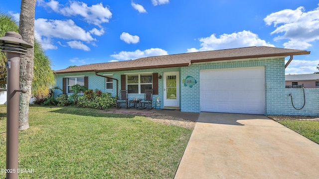 ranch-style home with a garage, a porch, and a front yard