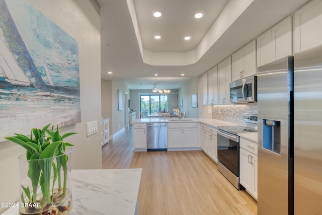 kitchen with sink, backsplash, kitchen peninsula, white cabinets, and appliances with stainless steel finishes