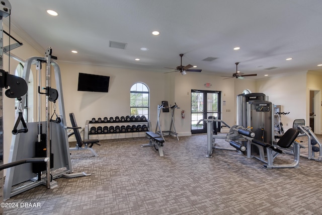 gym with ceiling fan, crown molding, and french doors