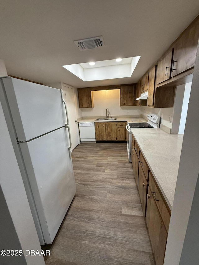 428 Banana Cay Dr Unit G, South Daytona, FL 32119 - kitchen featuring white appliances, a sink, a raised ceiling, under cabinet range hood, and light countertops