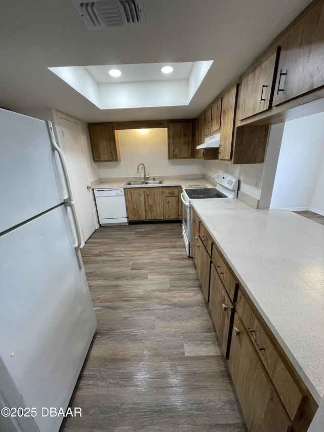 428 Banana Cay Dr Unit G, South Daytona, FL 32119 - kitchen with white appliances, under cabinet range hood, a tray ceiling, a sink, and wood finished floors