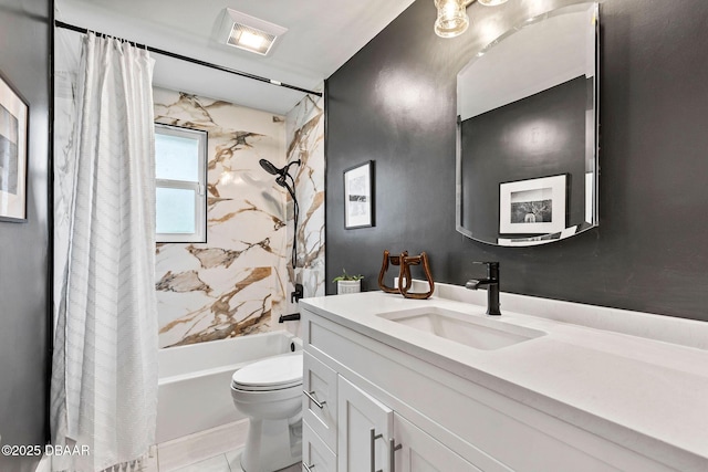 full bathroom featuring shower / tub combo, visible vents, vanity, and toilet