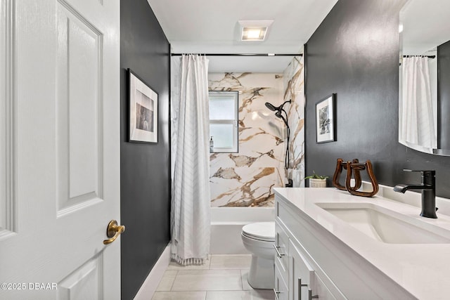 bathroom featuring toilet, shower / bath combo, and vanity