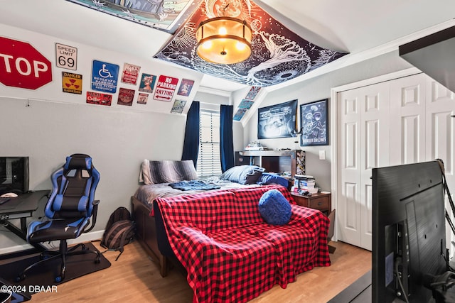 bedroom featuring hardwood / wood-style floors and a closet