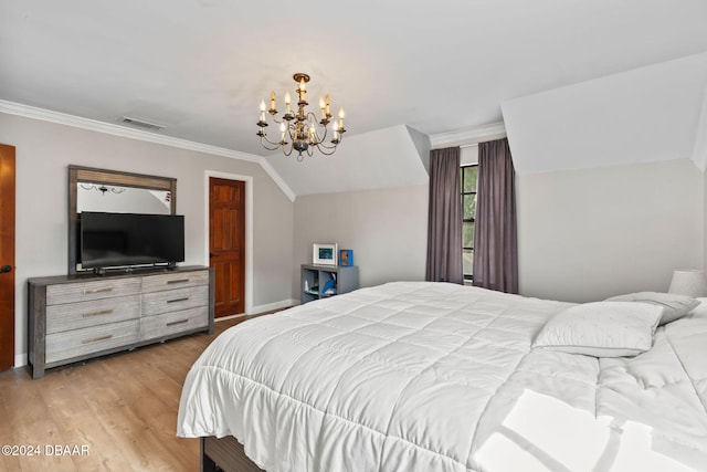 bedroom with light hardwood / wood-style flooring, lofted ceiling, crown molding, and a notable chandelier