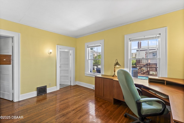 home office featuring dark hardwood / wood-style floors and a healthy amount of sunlight