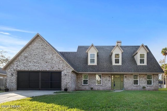 view of front of home featuring driveway, a front lawn, an attached garage, and brick siding