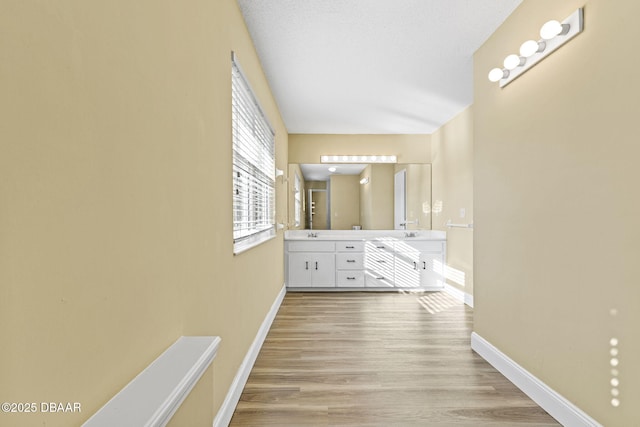 full bath featuring wood finished floors, a sink, baseboards, and double vanity