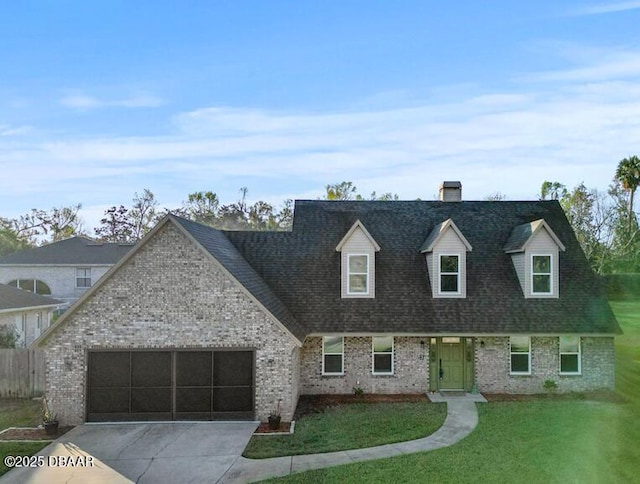 new england style home featuring a front yard, brick siding, driveway, and an attached garage