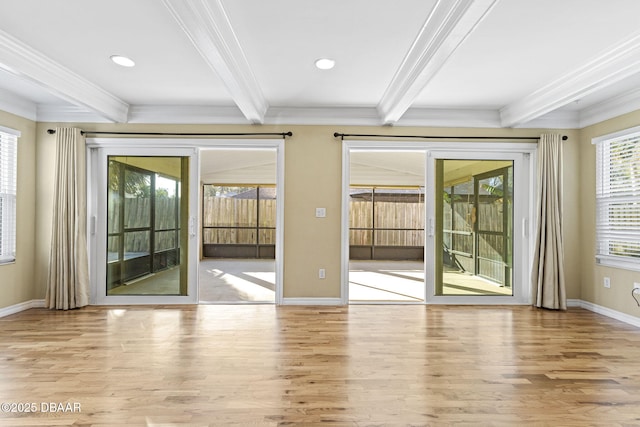 entryway featuring crown molding, recessed lighting, light wood-style flooring, beamed ceiling, and baseboards