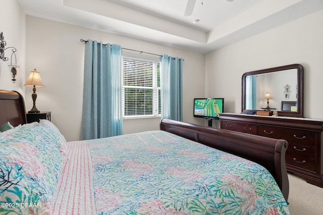 carpeted bedroom with a raised ceiling and a ceiling fan