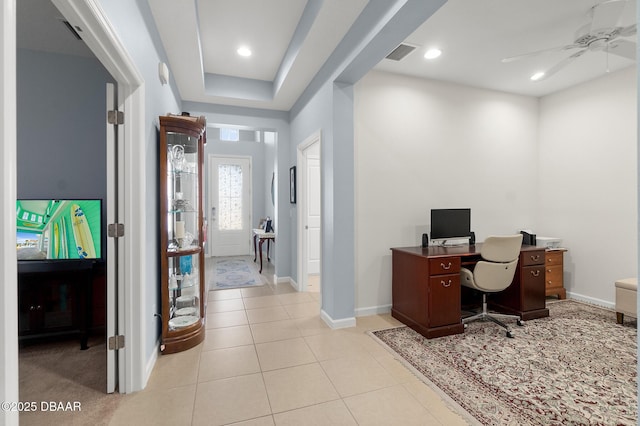 home office with visible vents, baseboards, light tile patterned floors, recessed lighting, and a ceiling fan