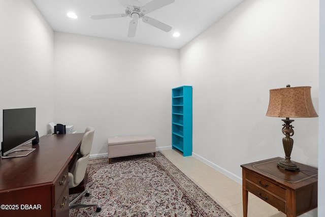 home office with recessed lighting, baseboards, a ceiling fan, and light tile patterned floors