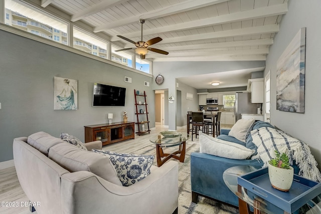 living room with beam ceiling, light wood-type flooring, high vaulted ceiling, and ceiling fan