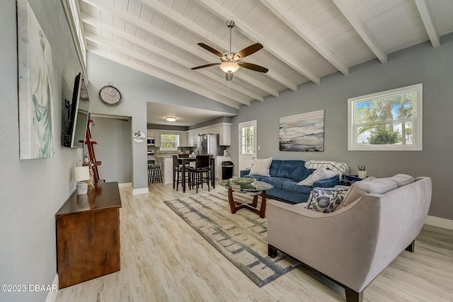 living room featuring lofted ceiling with beams, light hardwood / wood-style floors, wood ceiling, and ceiling fan