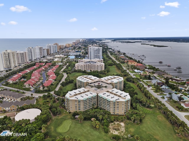 aerial view featuring a water view