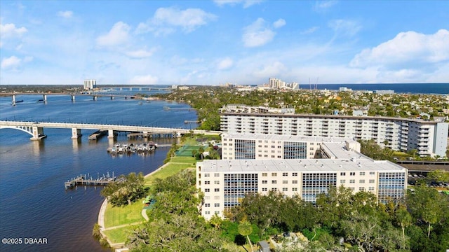 birds eye view of property featuring a water view