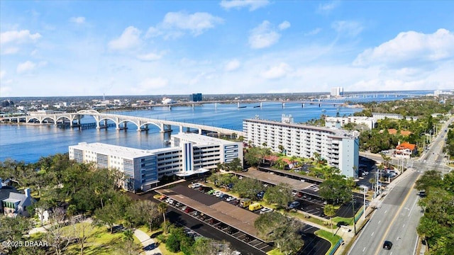 bird's eye view with a water view