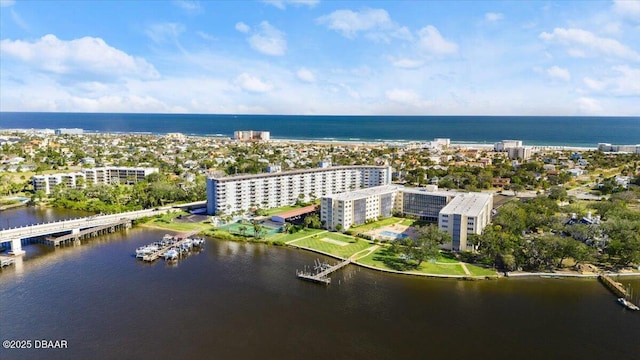 drone / aerial view featuring a water view