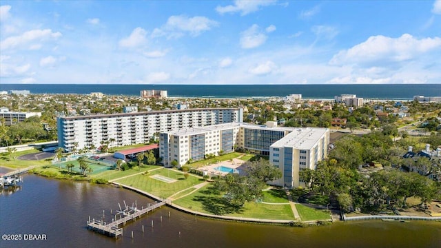 aerial view featuring a water view