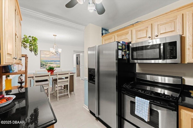 kitchen featuring light brown cabinets, light tile patterned floors, ornamental molding, and appliances with stainless steel finishes