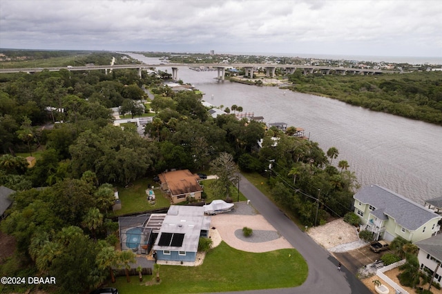 drone / aerial view with a water view