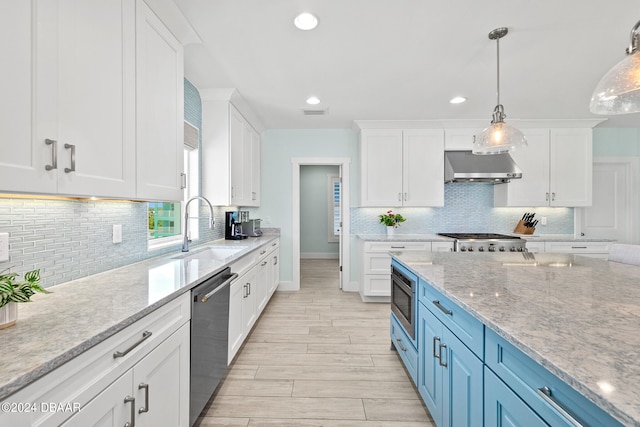 kitchen with white cabinetry, sink, appliances with stainless steel finishes, ventilation hood, and blue cabinets