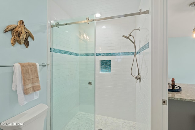 bathroom with toilet, vanity, and an enclosed shower