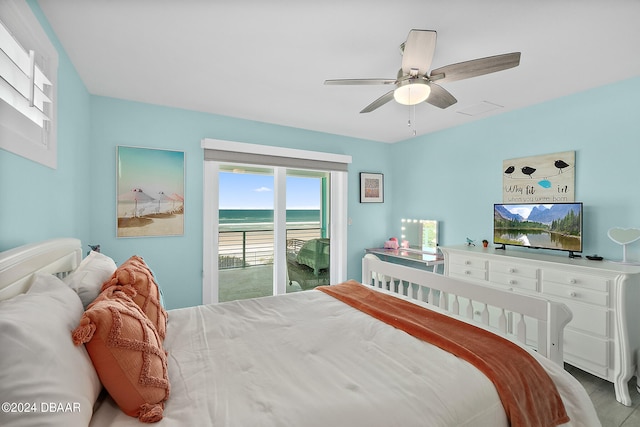 bedroom featuring access to outside and ceiling fan