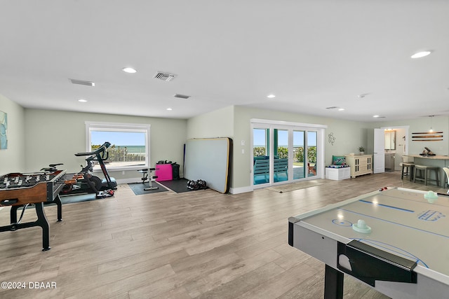 playroom with light hardwood / wood-style flooring