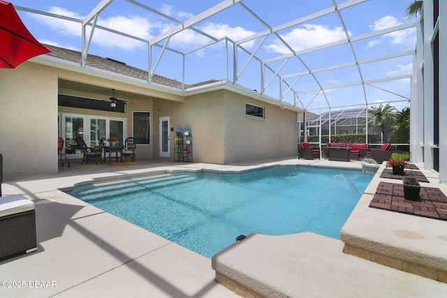 2141 Springwater Ln, Port Orange, FL 32128 - swimming pool with an outdoor living space, a patio, a ceiling fan, and a lanai