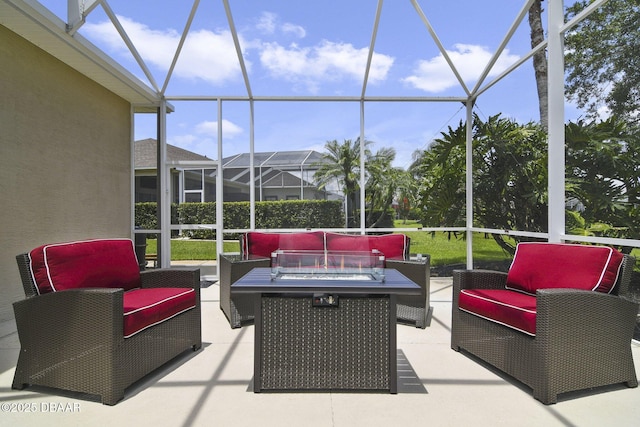 2141 Springwater Ln, Port Orange, FL 32128 - view of patio featuring an outdoor living space with a fire pit and glass enclosure