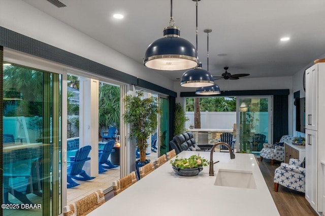 dining area featuring sink and dark wood-type flooring