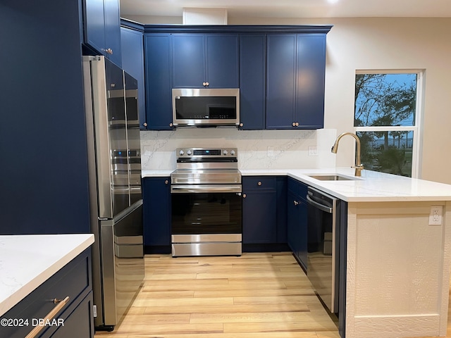 kitchen featuring sink, stainless steel appliances, tasteful backsplash, blue cabinets, and kitchen peninsula